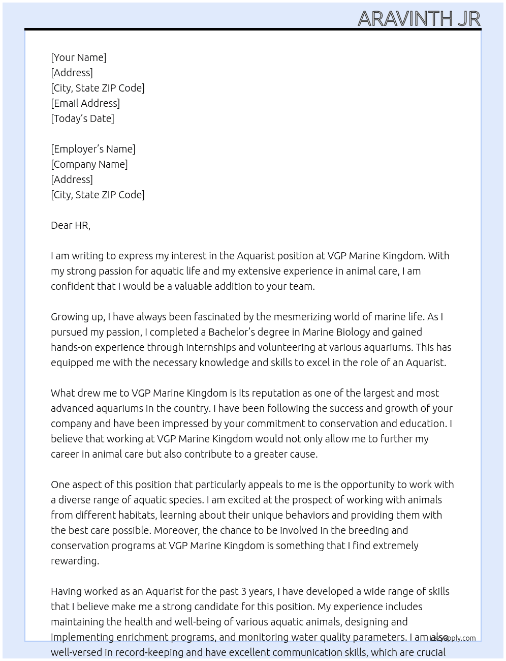 Aquarist  At Vgp marine Kingdom  Cover Letter