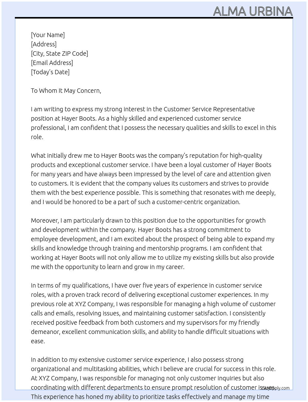Customer Service Representative At Hayer Boots Cover Letter