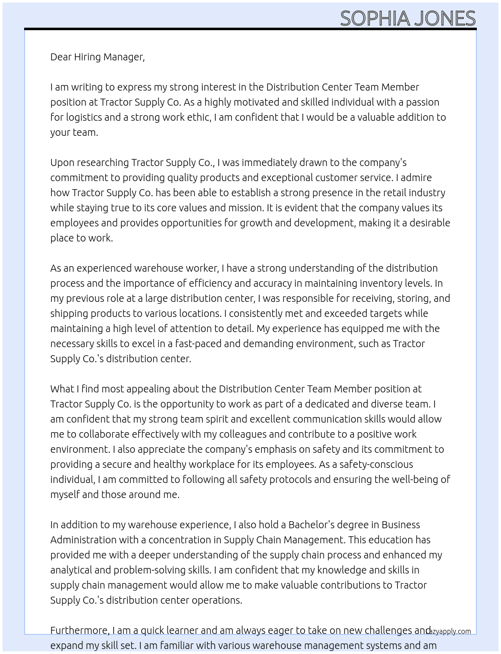 Distribution Center Team Member At Tractor Supply Co. Cover Letter