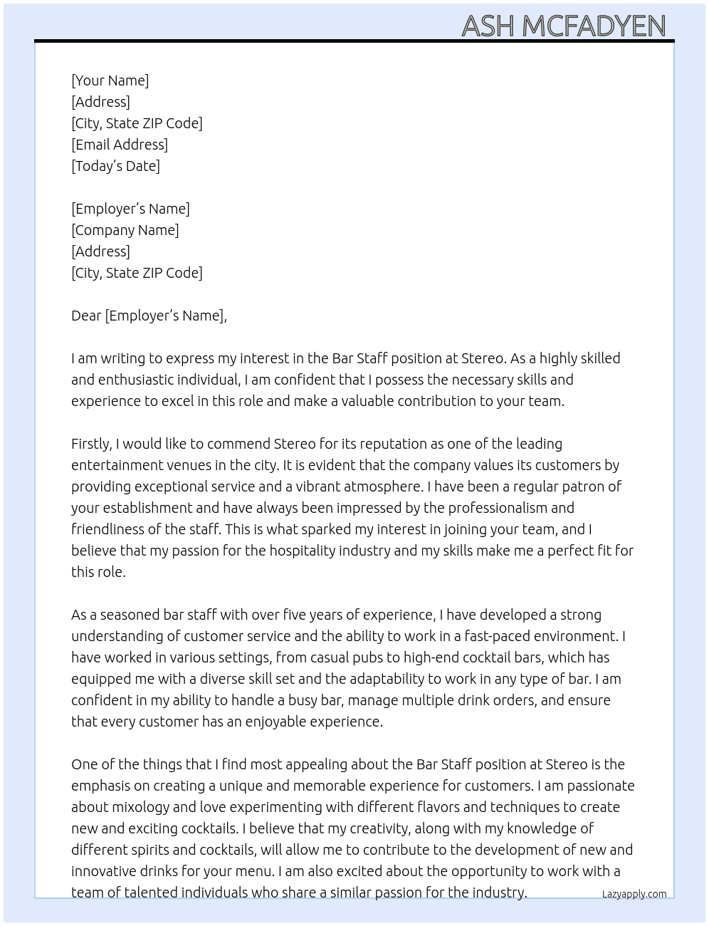 Bar staff At Stereo Cover Letter