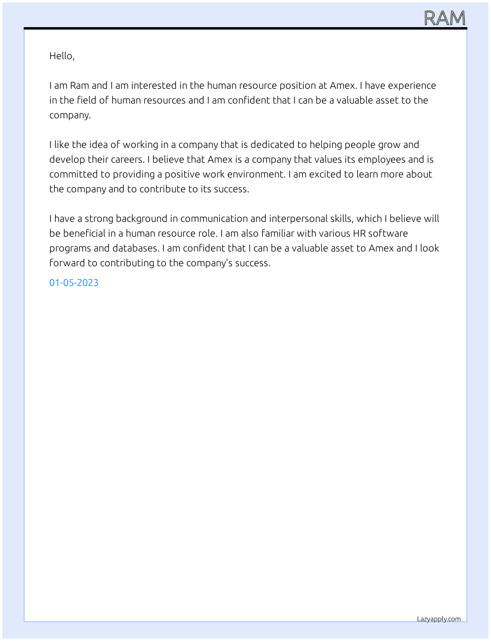human resource At amex Cover Letter