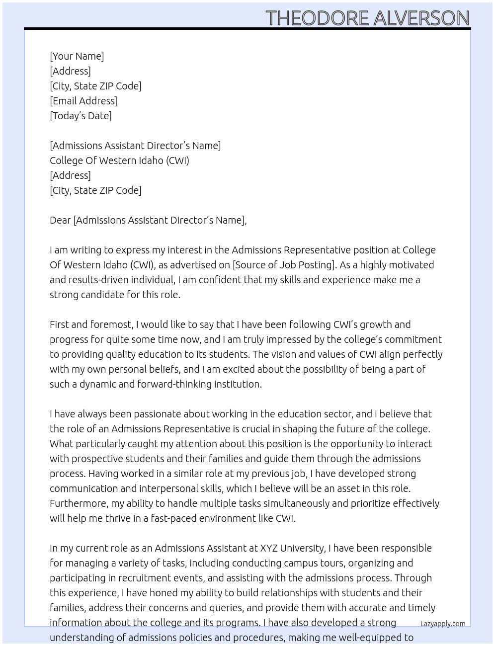 Cover letter for admissions representative - LazyApply