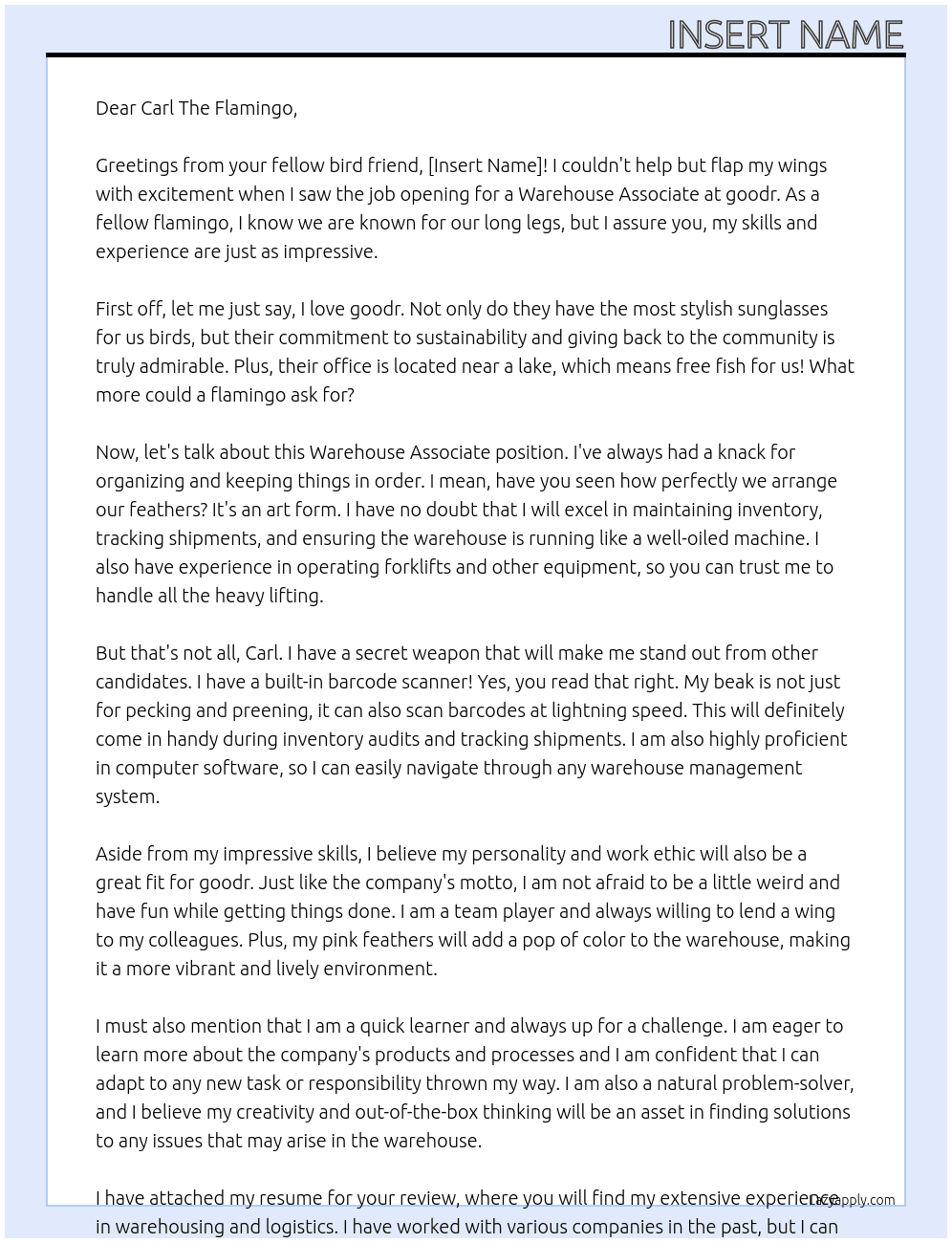 Warehouse Associate At goodr Cover Letter