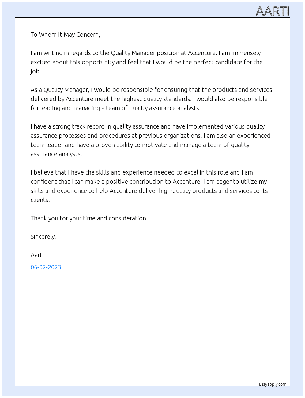 Quality Manager At Accenture Cover Letter