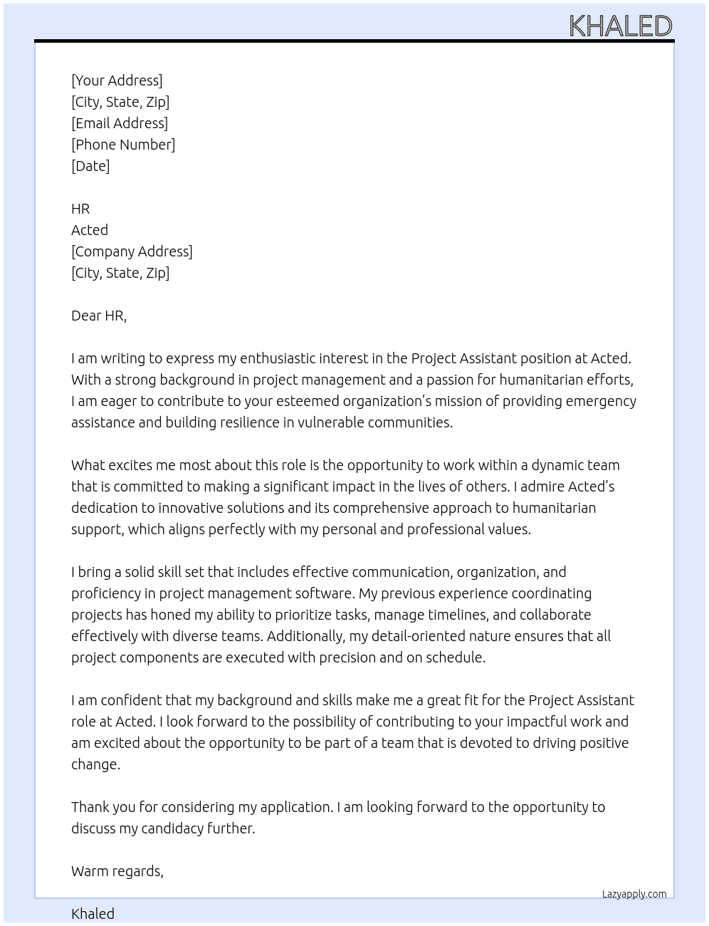 Project Assistant At Acted Cover Letter