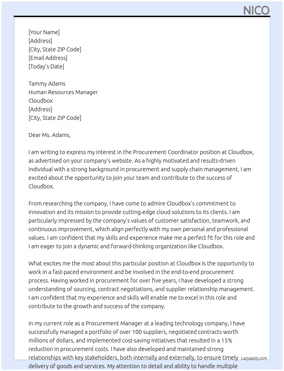 Procurement co ordinator At Cloudbox Cover Letter