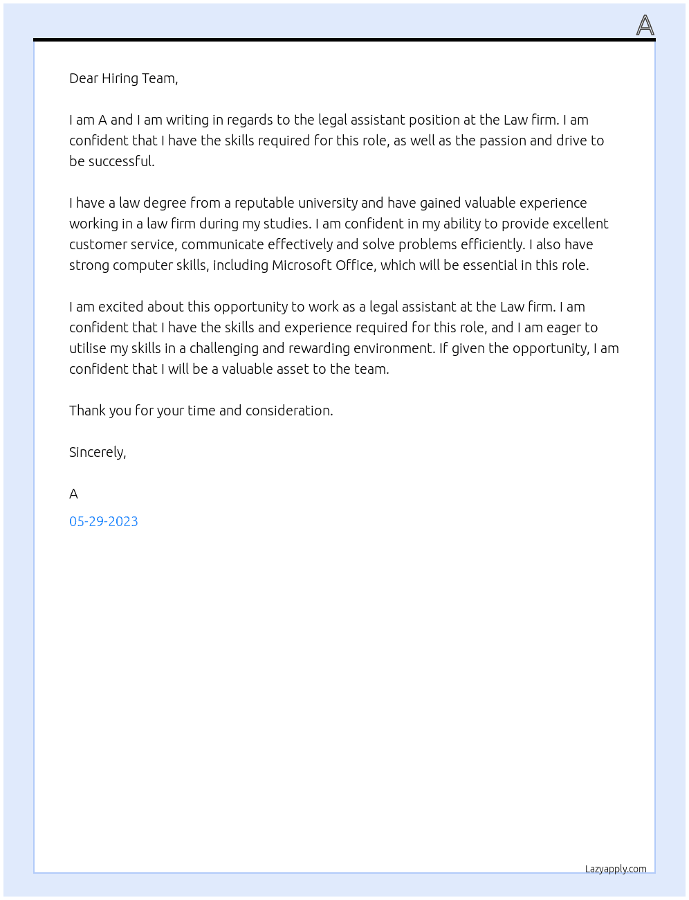legal assistant  At Law firm Cover Letter