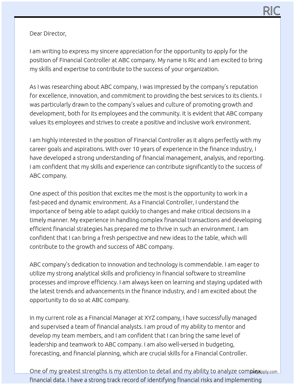 financial controller At ABC Cover Letter