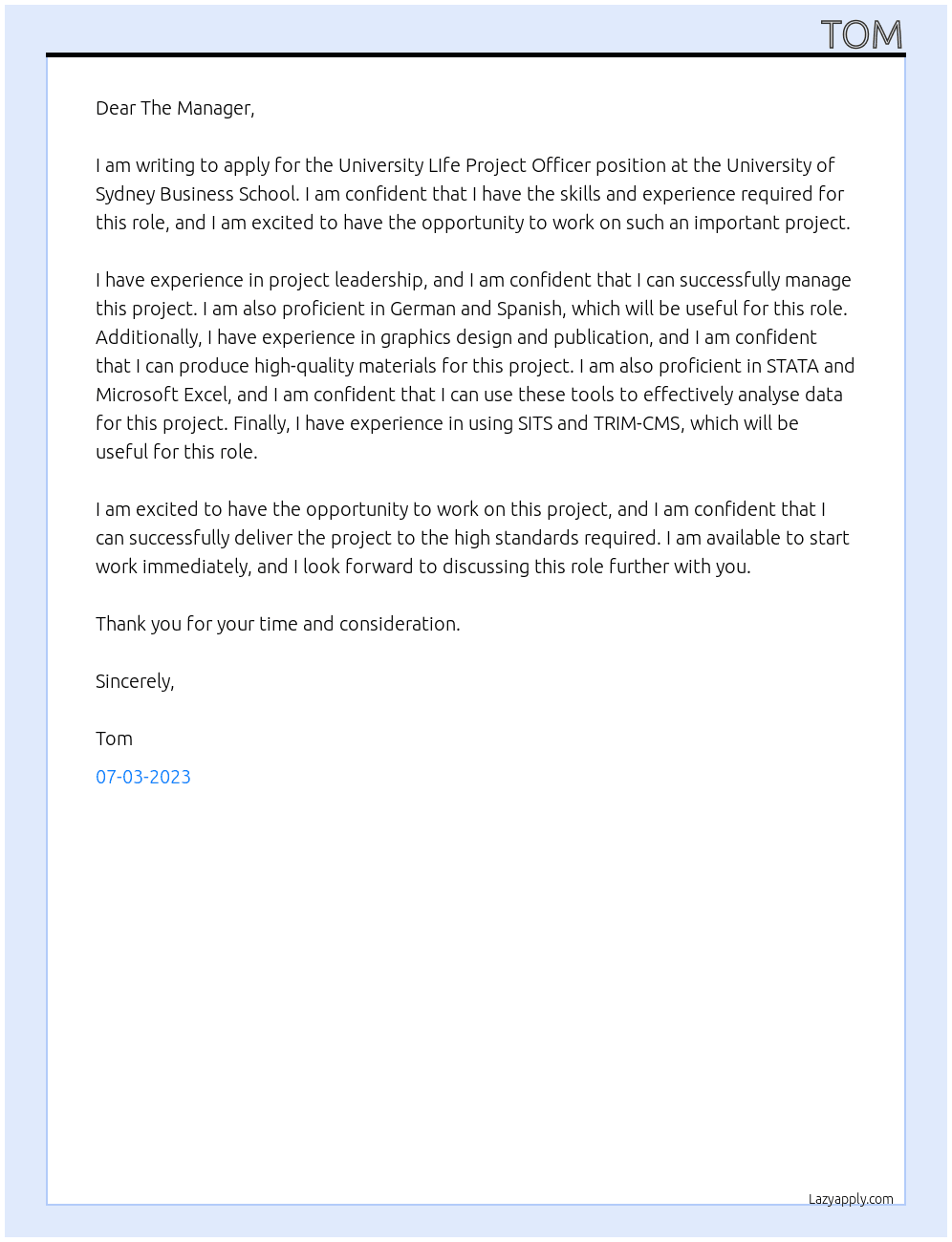 University LIfe Project Officer At University of Sydney Business School Cover Letter