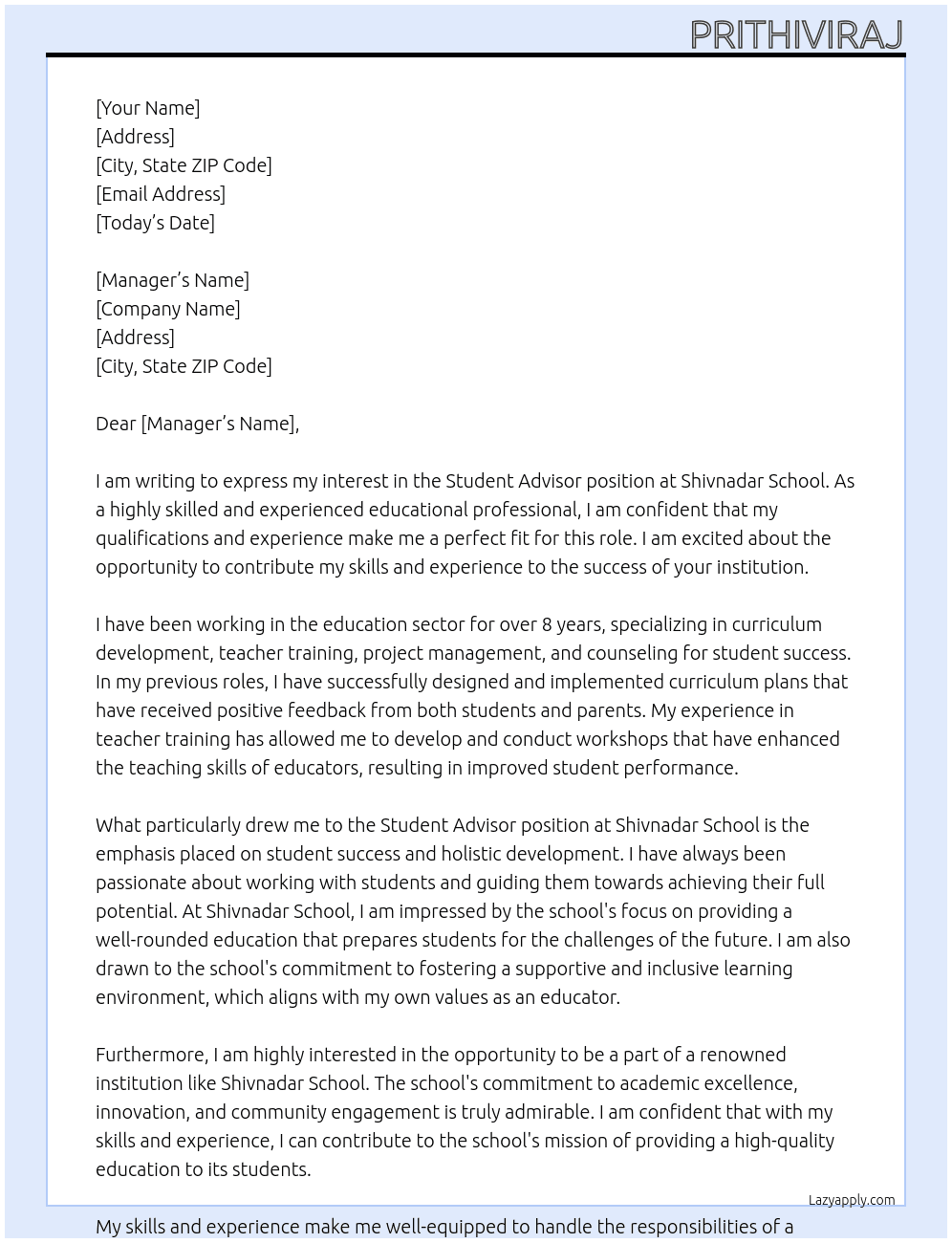 Student advisor  At Shivnadar school Cover Letter