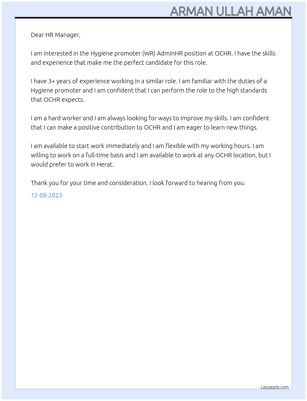 Hygiene promoter (WR) AdminHR At OCHR Cover Letter