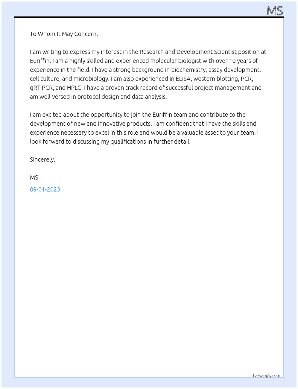 Research and Development Scientist (Mid-Senior Level) At Euriffin Cover Letter