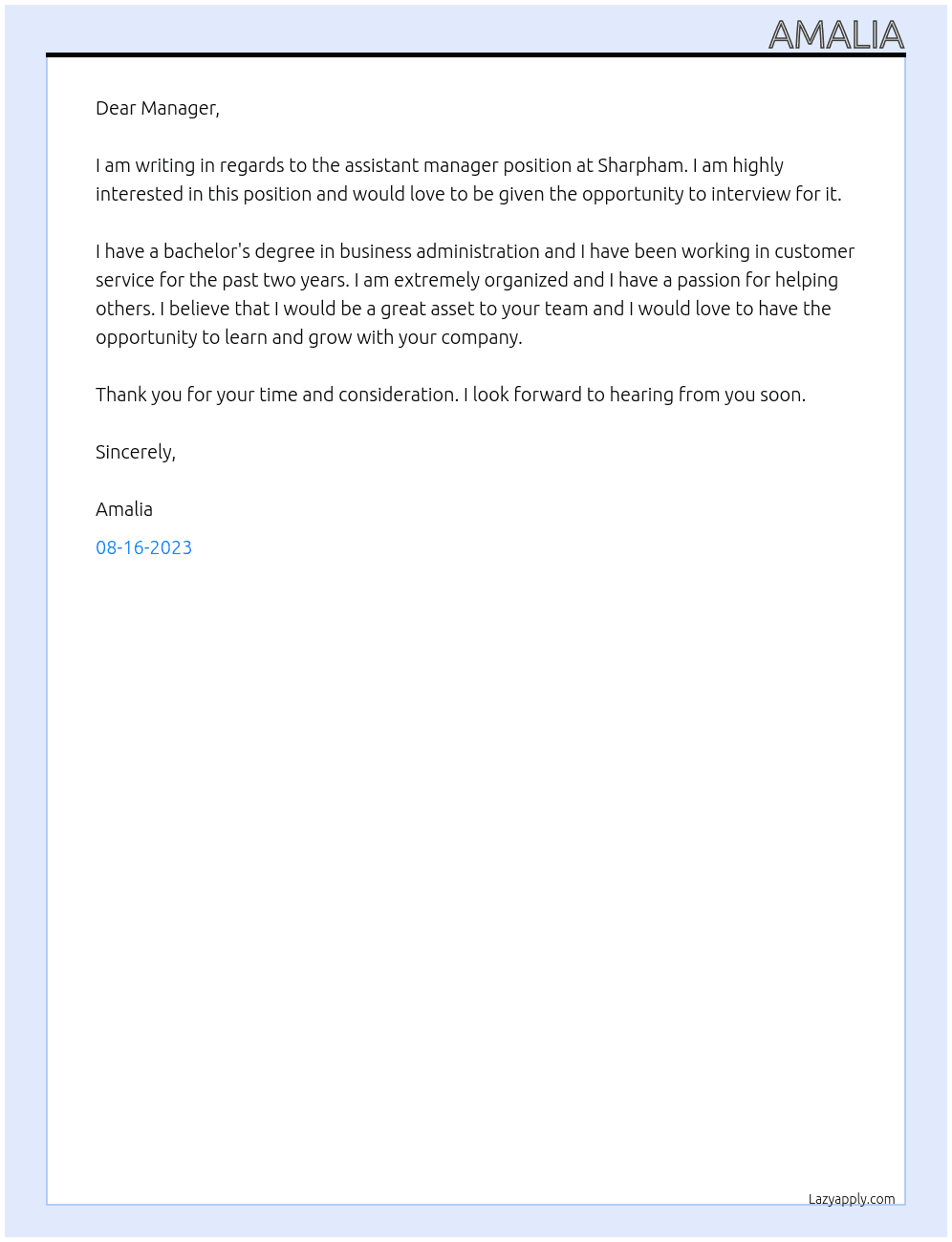 Assistant manager At Sharpham Cover Letter