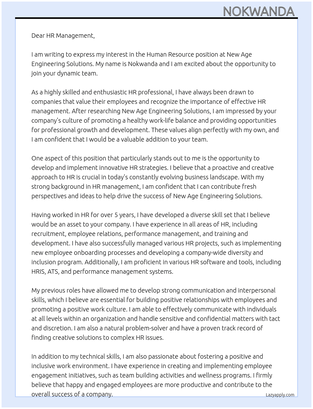 Human resource  At New age engineering solutions  Cover Letter