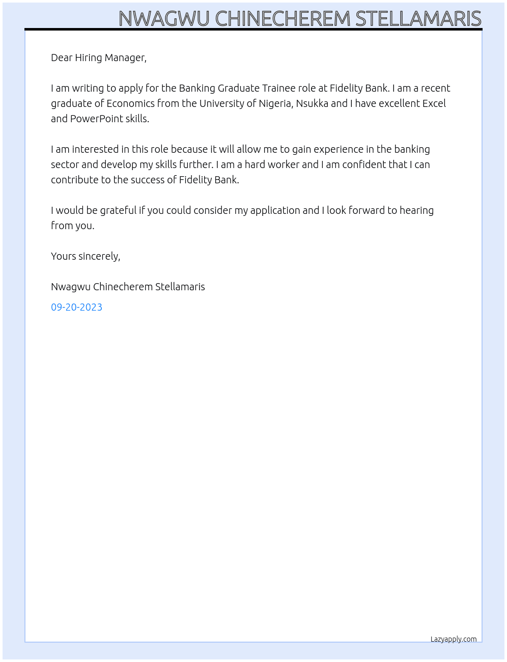 Banking Graduate Trainee At Fidelity Bank Cover Letter