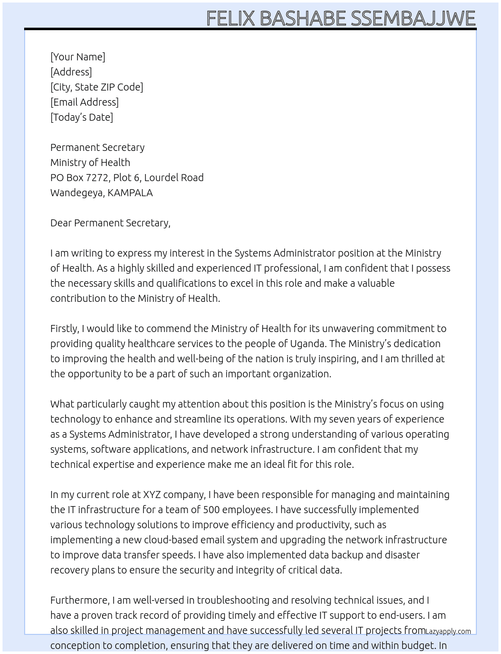 Systems Administrator At Ministry of Health Cover Letter