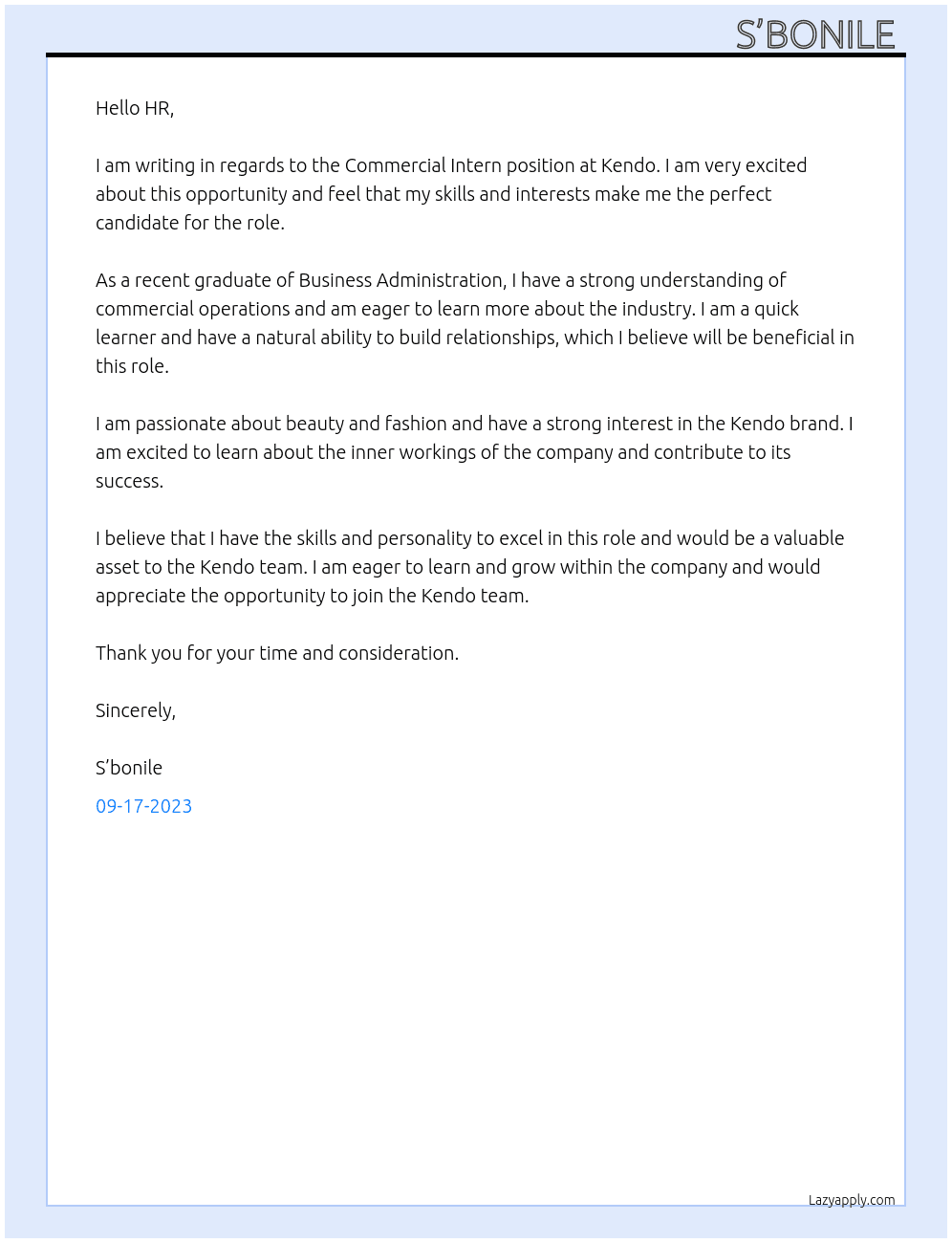 Commercial Intern At Kendo  Cover Letter