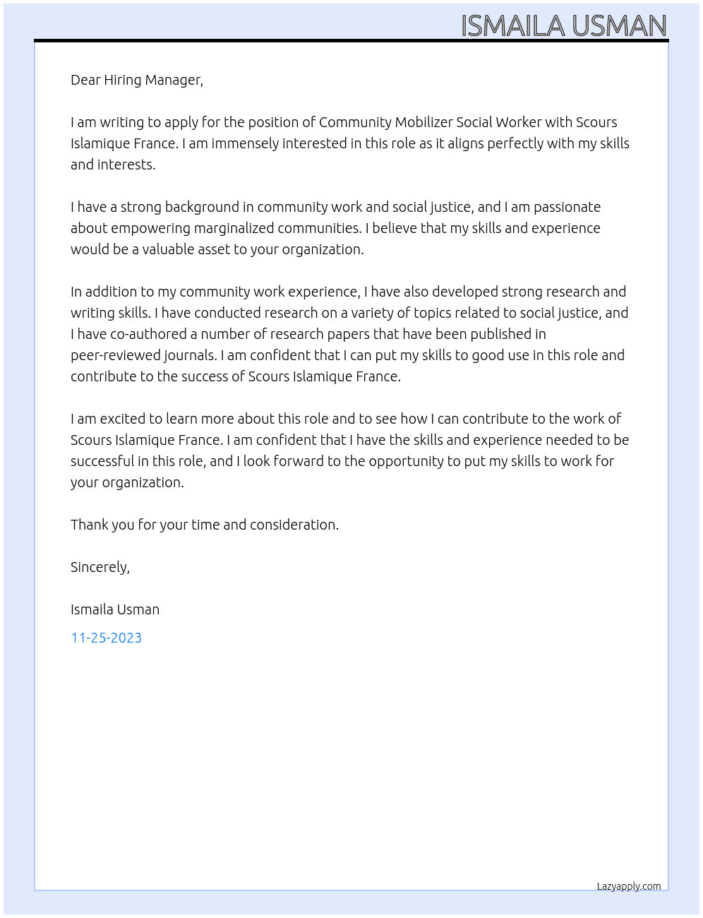 Community mobilizer Social Worker At Scours Islamique France Cover Letter