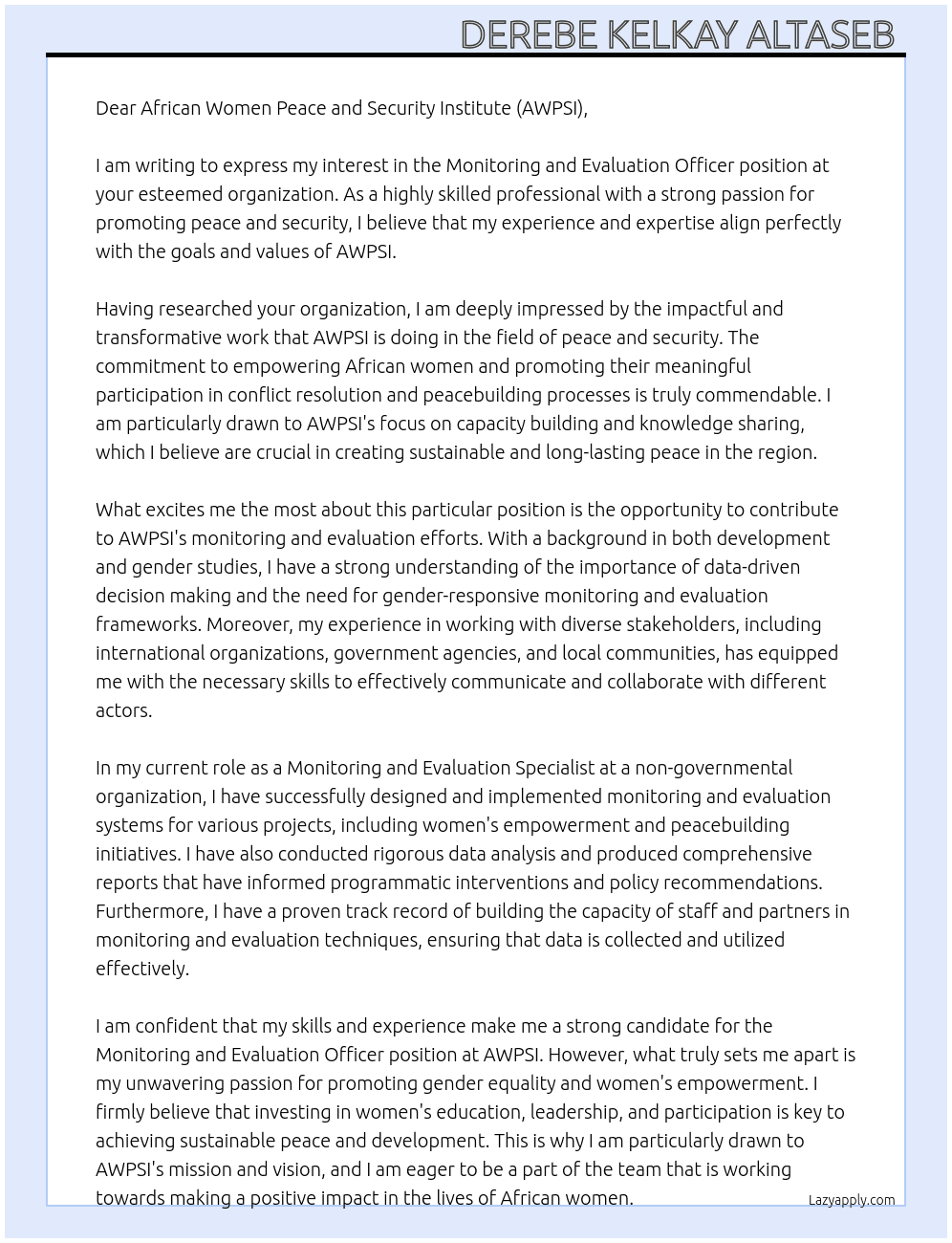 Monitoring and Evaluation Officer At African Women Peace and Security Institute (AWPSI) Cover Letter