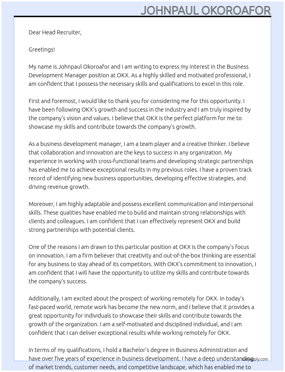 Business development manager At OKX Cover Letter