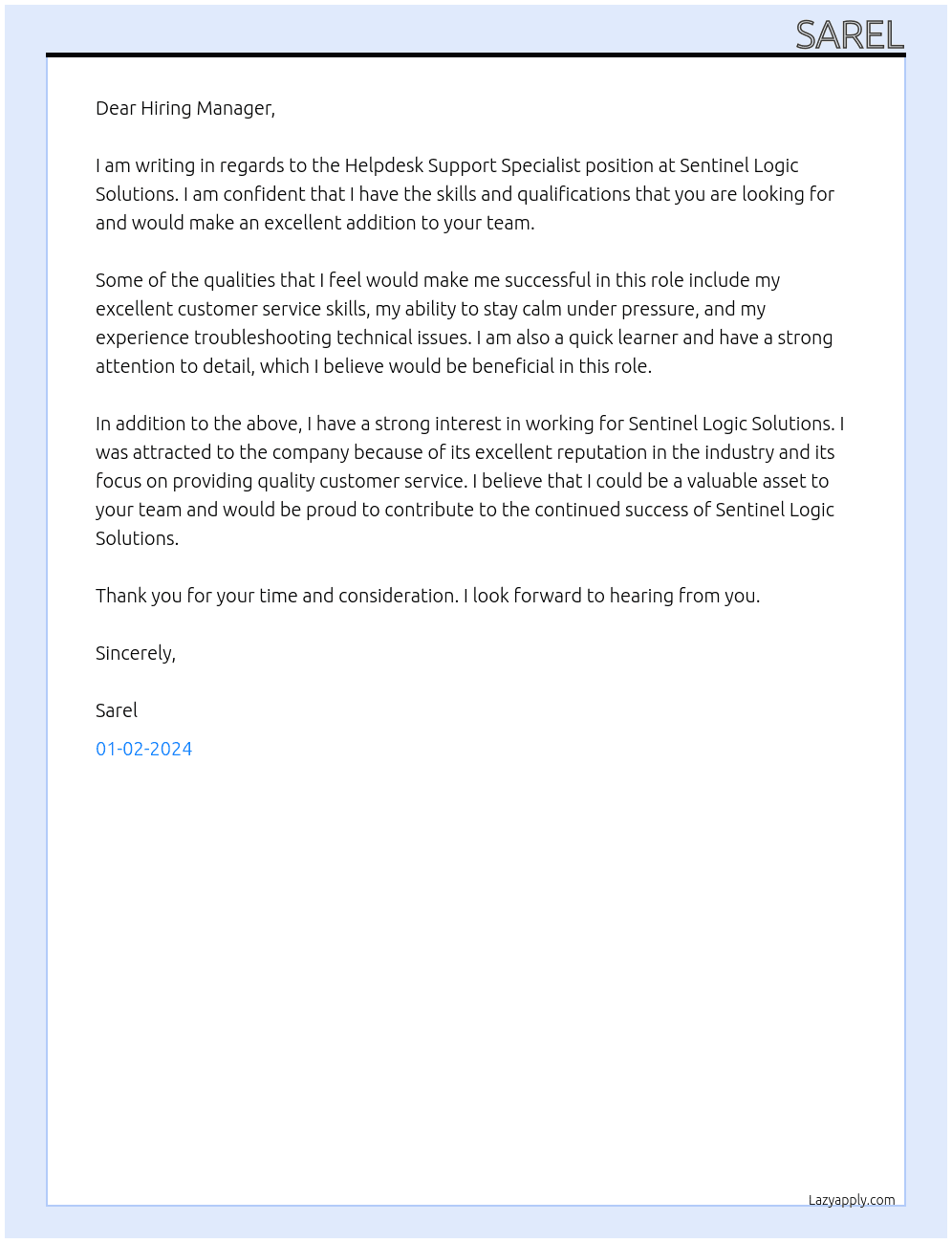 Helpdesk Support Specialist  At Sentinel Logic Solutions Cover Letter