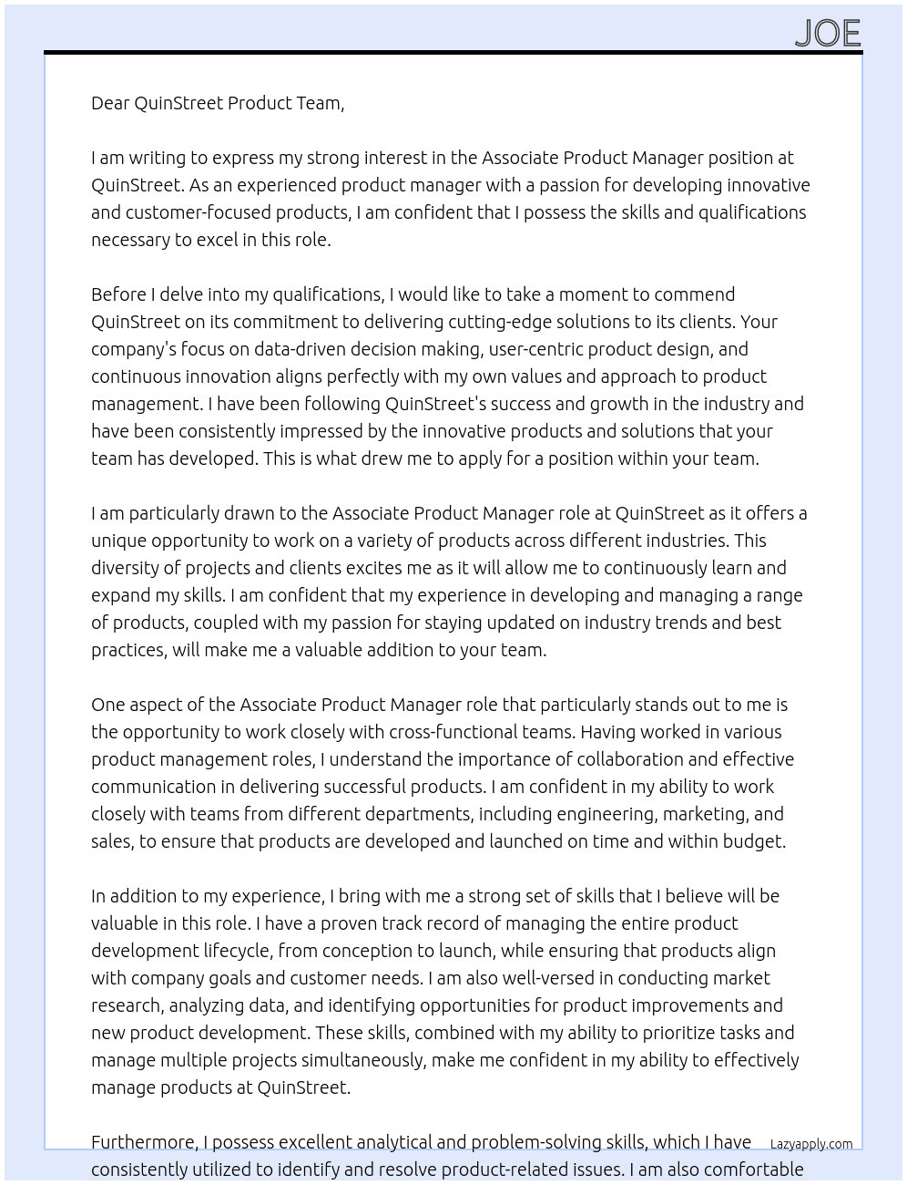 Associate Product Manager At QuinStreet Cover Letter