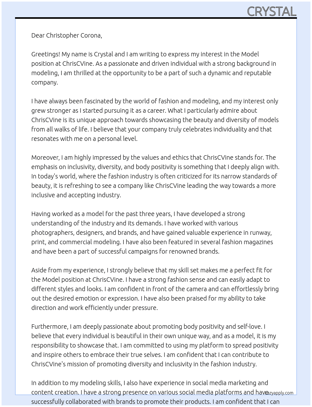 Model At ChrisCVine Cover Letter