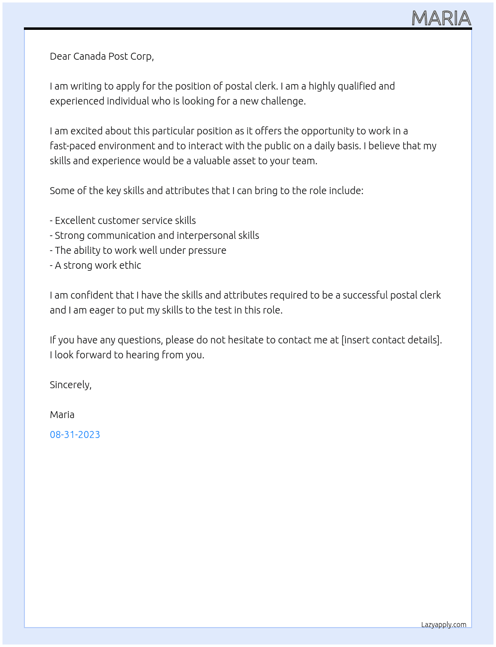 postal clerk At Canada Post Corp Cover Letter
