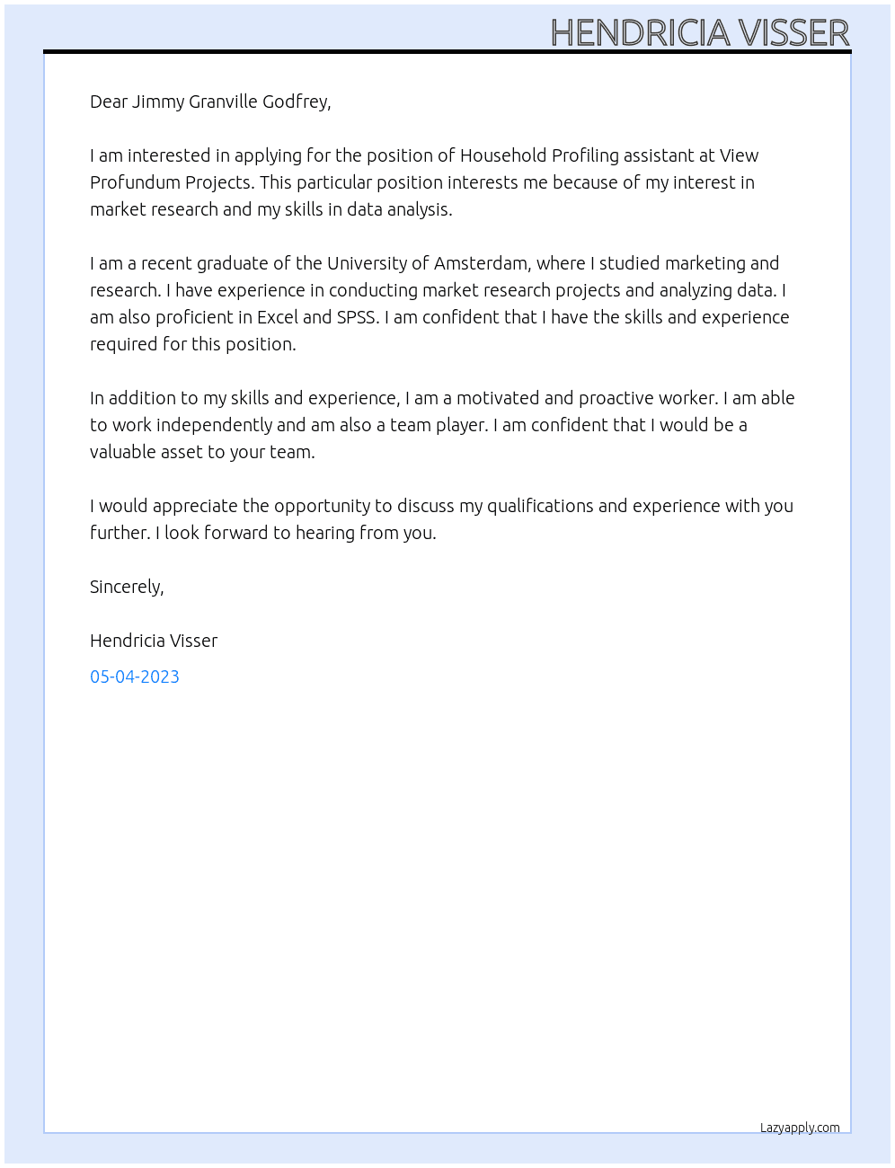 Household Profiling assistant At View Profundum Projects Cover Letter