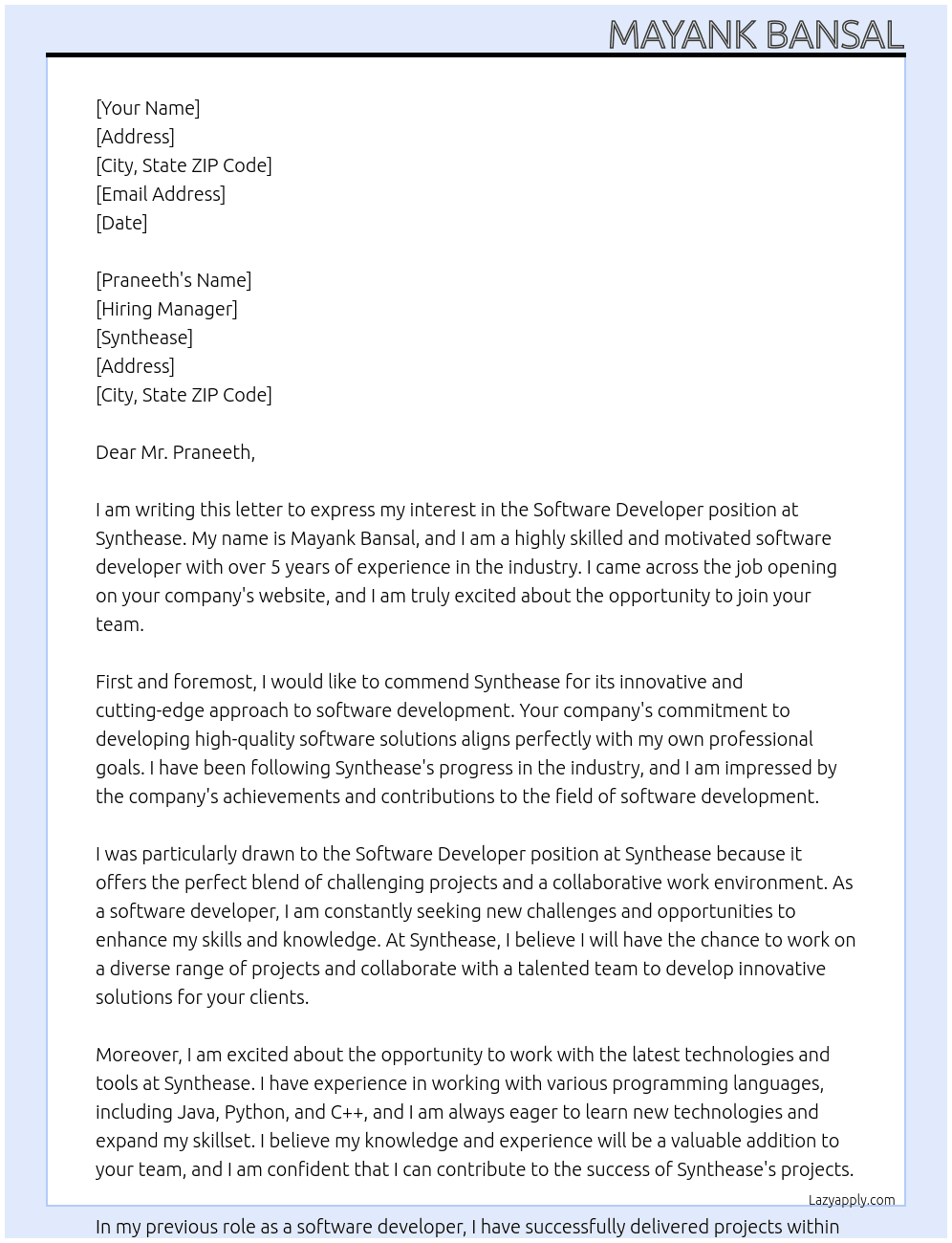 Software Developer At Synthease Cover Letter