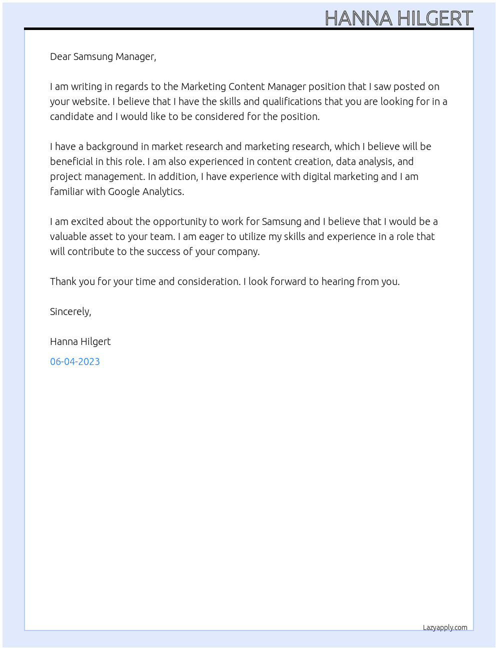 Marketing Content Manager At Samsung Cover Letter