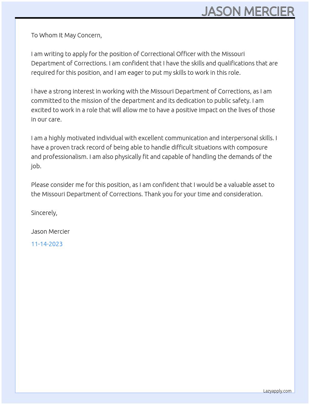 Correctional officers  At Missouri Department of Corrections Cover Letter