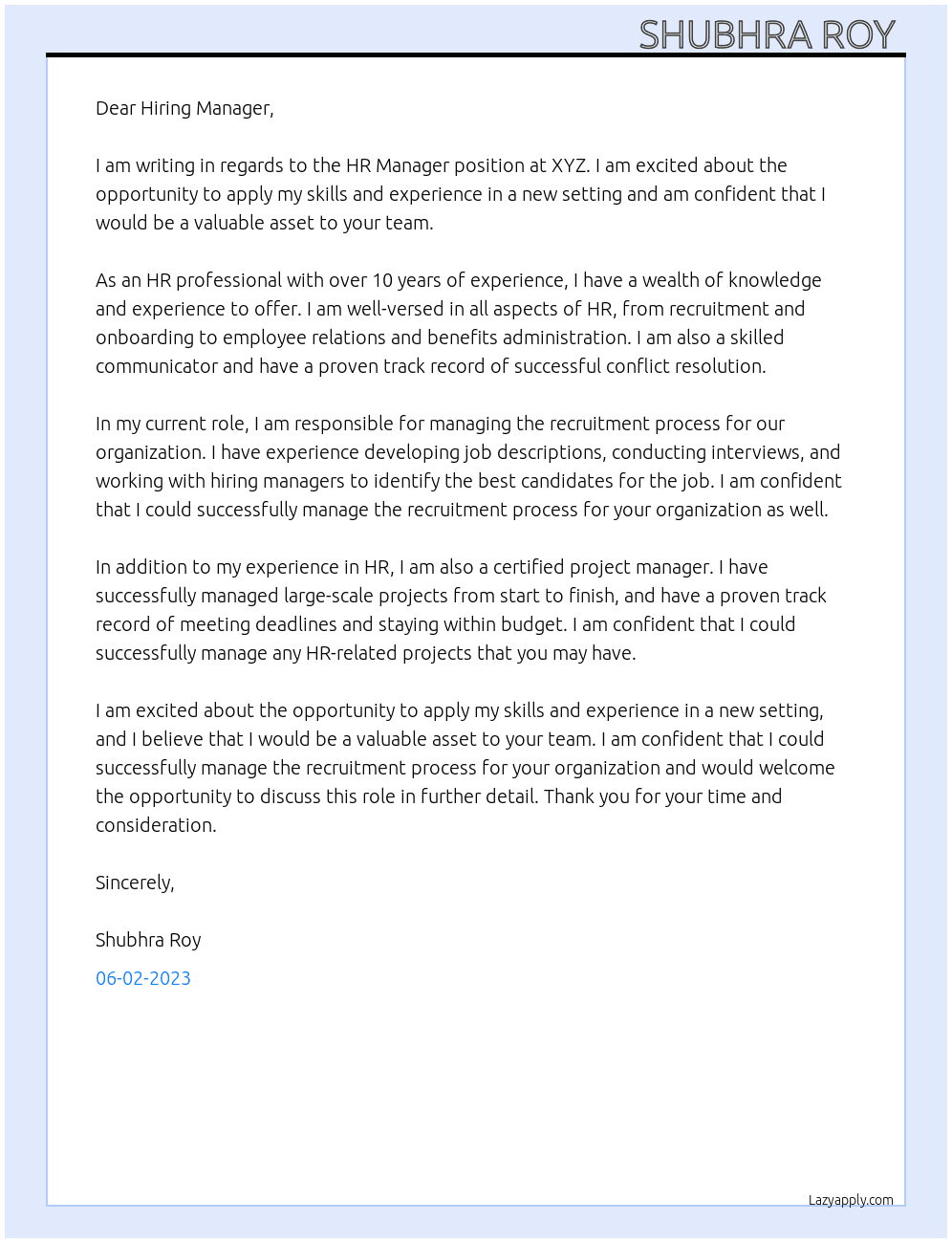 Hr manager At Xyz Cover Letter