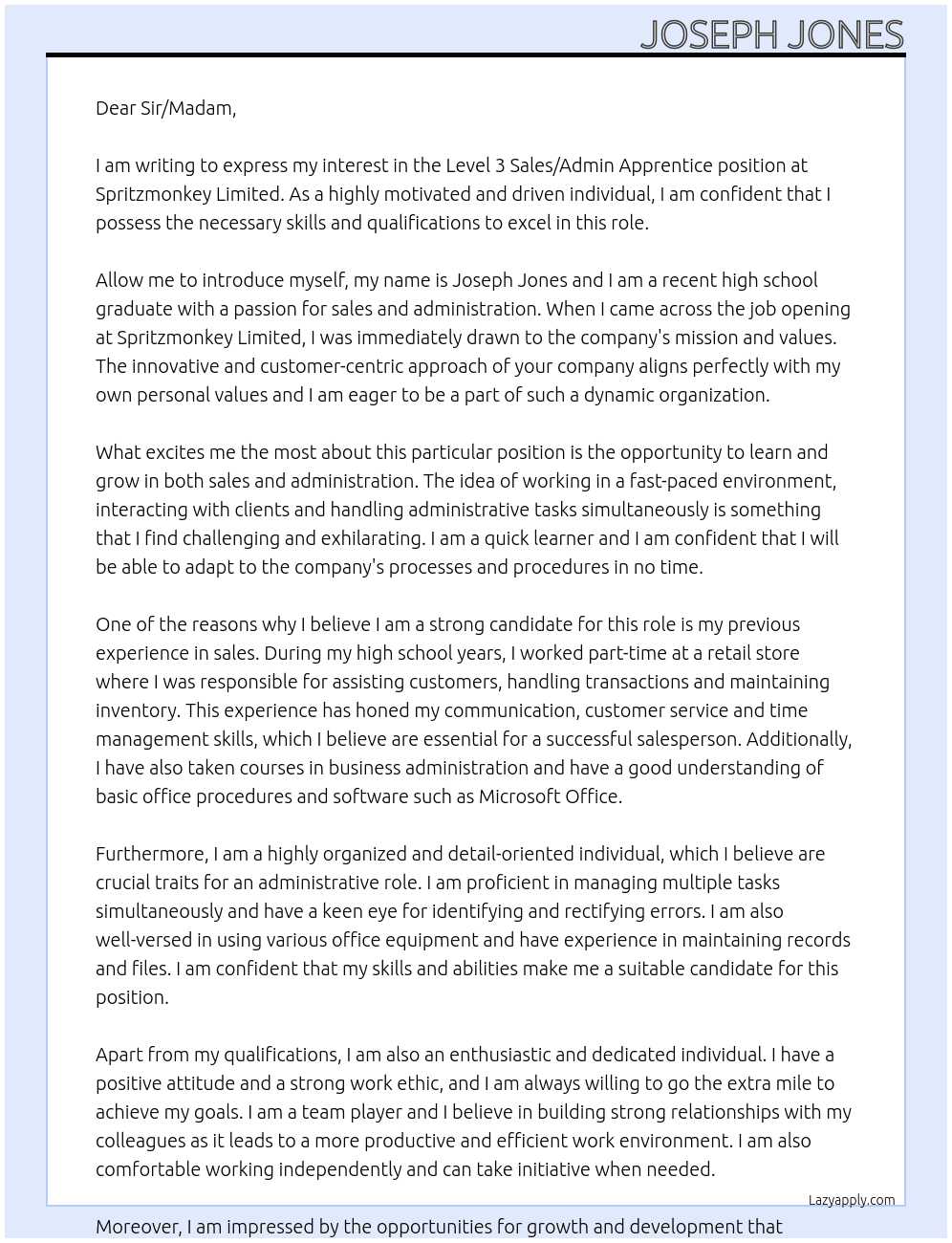 Level 3 Sales / Admin Apprentice At Spritzmonkey Limited Cover Letter
