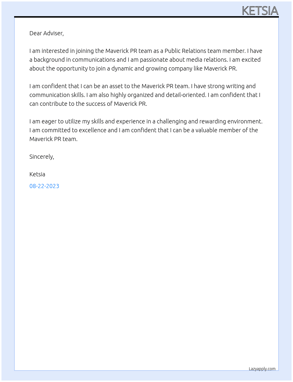 Public Relations team member At Maverick PR Cover Letter