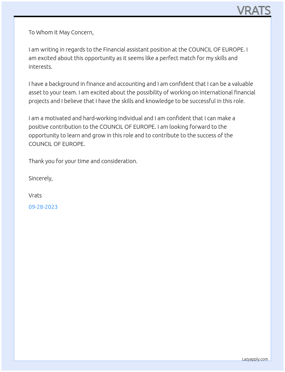 Financial assistant  At COUNCIL OF EUROPE  Cover Letter