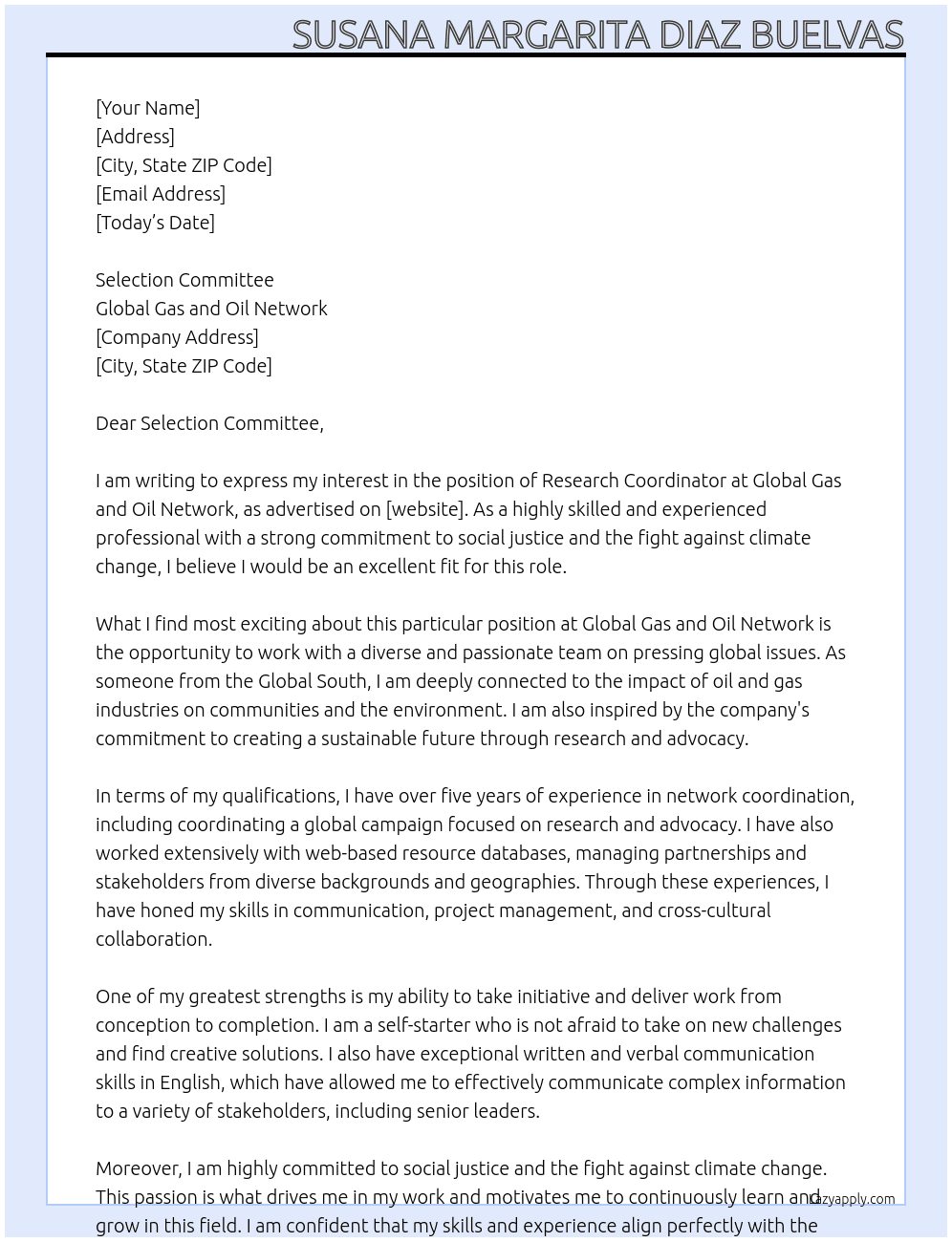 Research Coordinator At Global Gas and Oil Network Cover Letter
