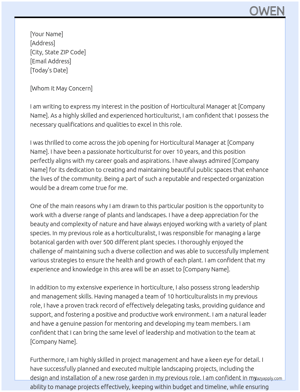 Cover letter for horticultural manager - LazyApply