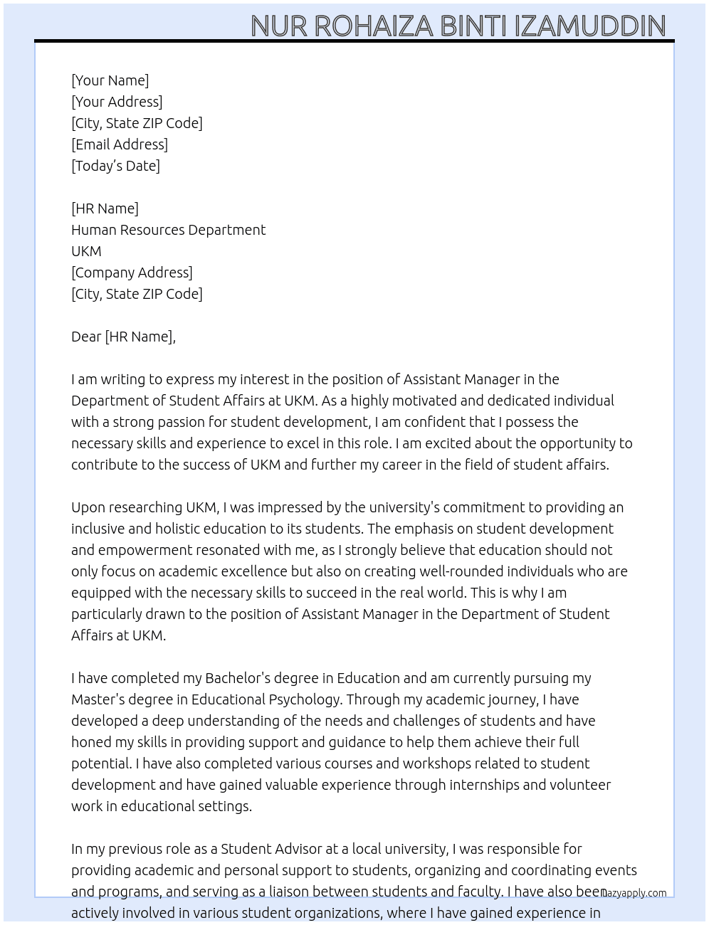 ASSISTANT MANAGER, DEPARTMENT OF STUDENT AFFAIRS At UKM Cover Letter