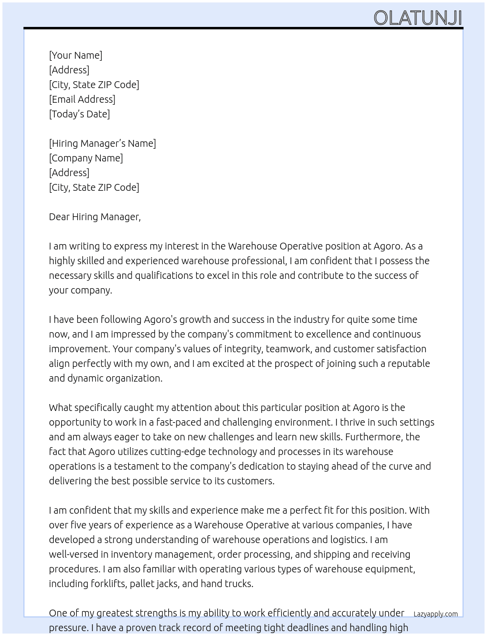Warehouse Operative At Agoro Cover Letter