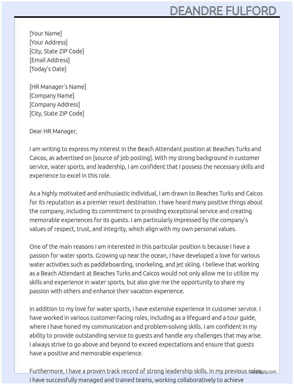 Beach Attendant At Beaches Turks and Caicos  Cover Letter