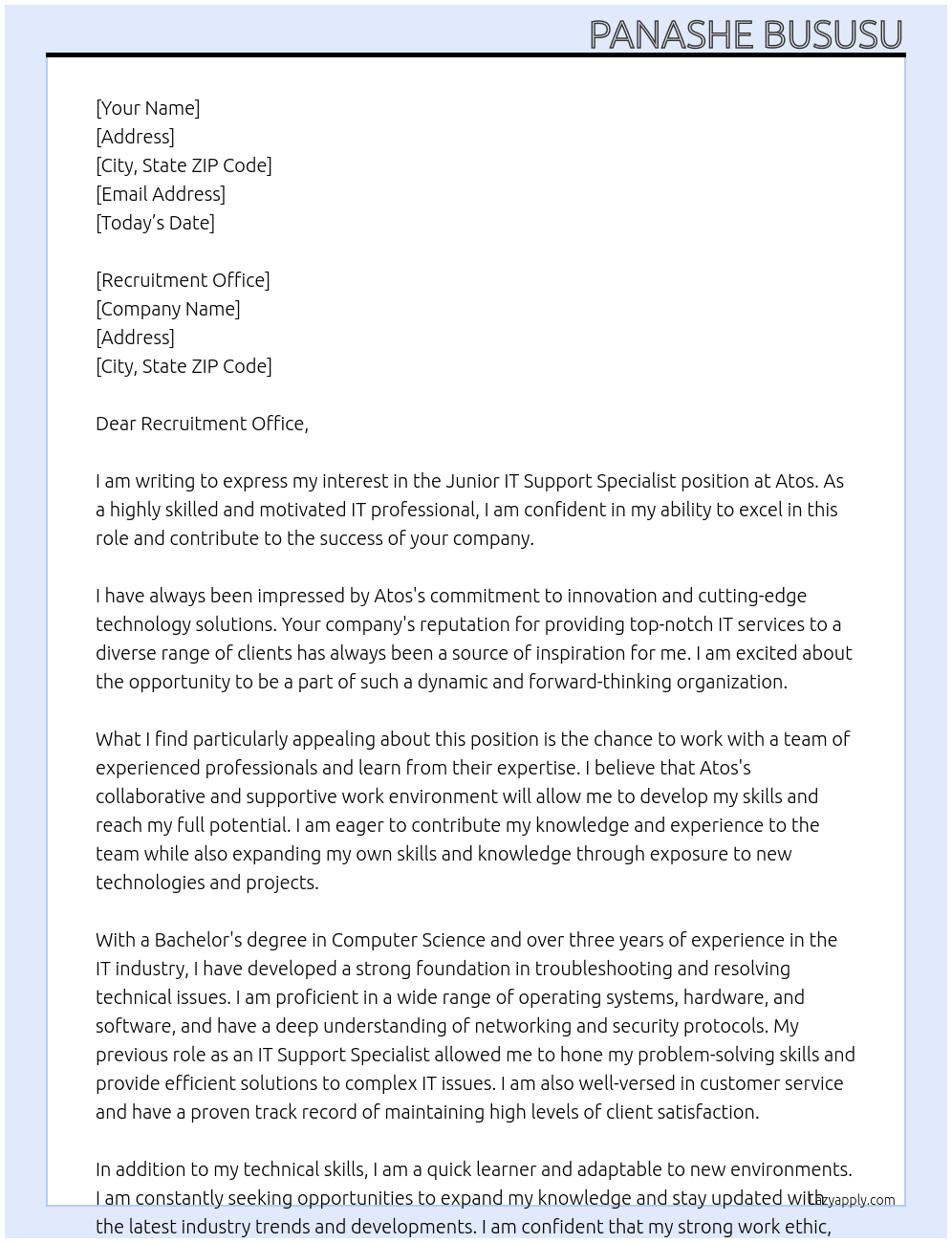 Junior IT Support Specialist  At Atos Cover Letter