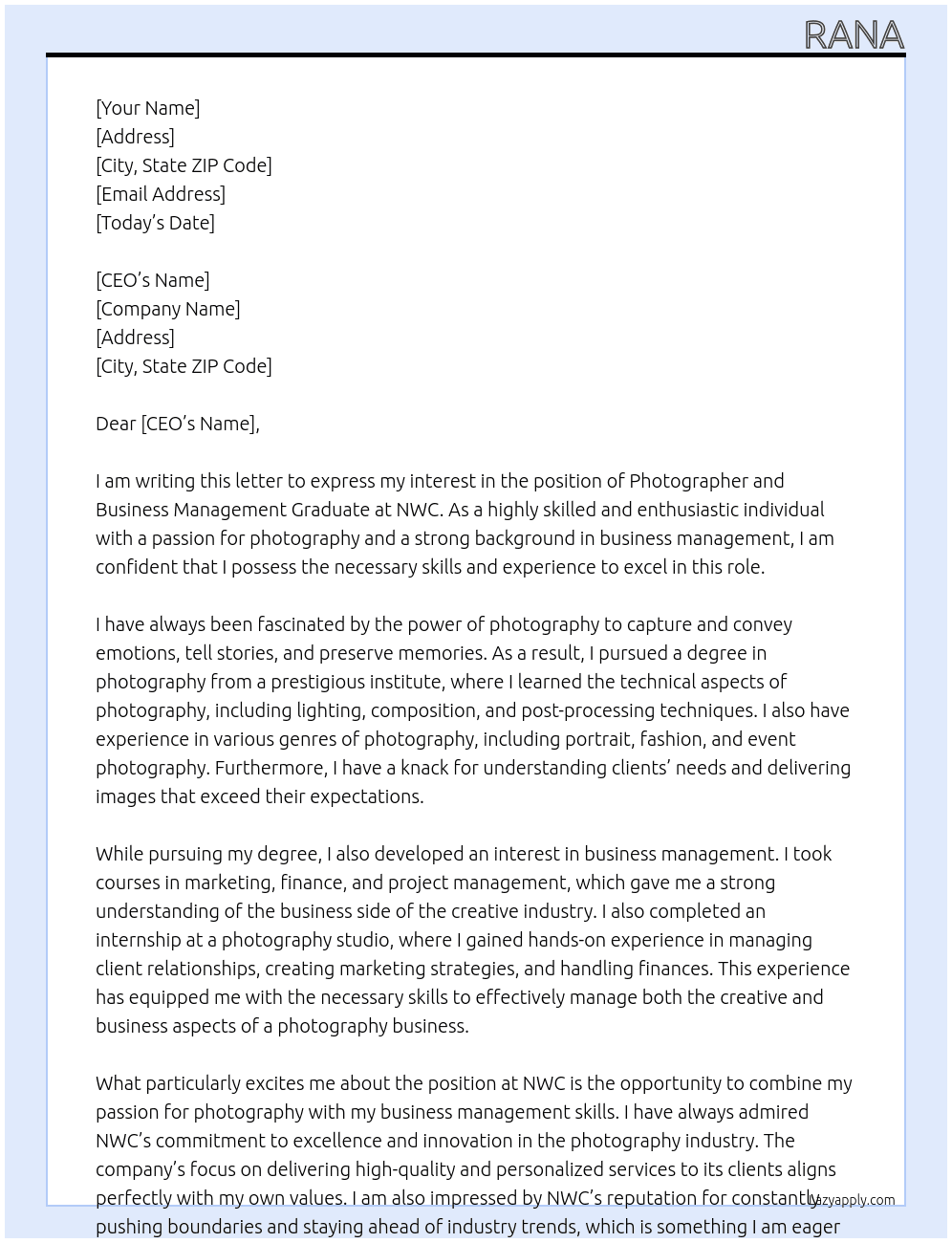 Photographer and business management graduate At nwc Cover Letter