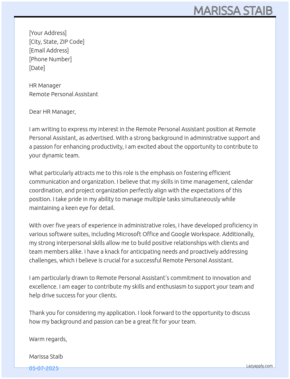 Cover letter for remote personal assistant - LazyApply