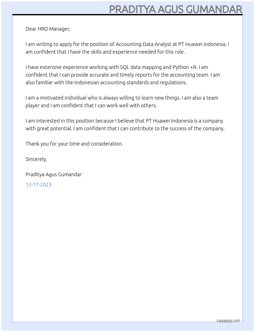 Accounting Data Analyst At PT Huawei Indonesia Cover Letter