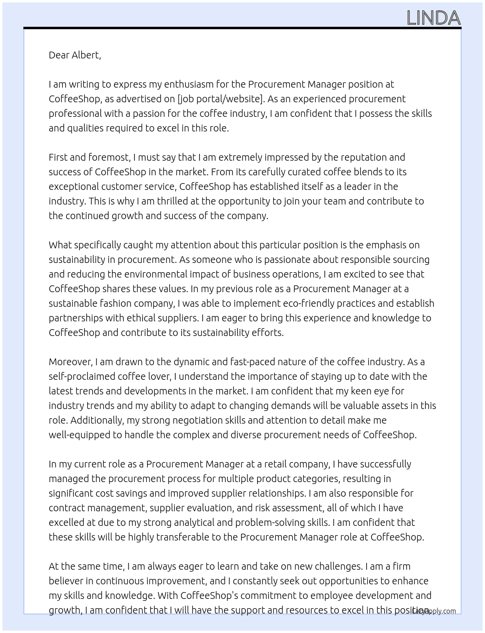 Procurement manager  At CoffeeShop Cover Letter
