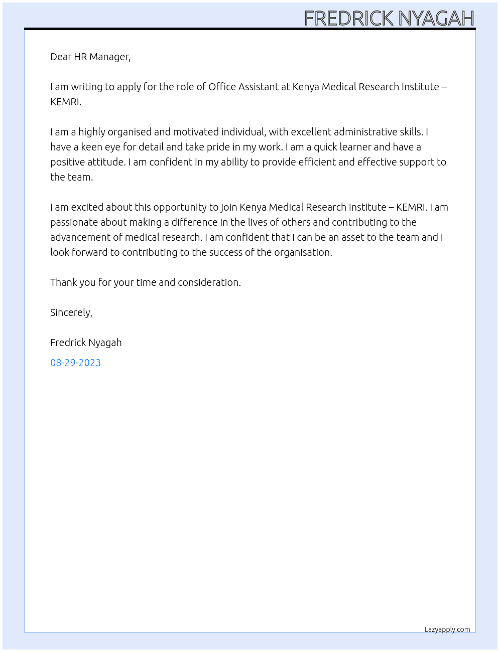 office assistant At Kenya Medical Research Institute – KEMRI Cover Letter