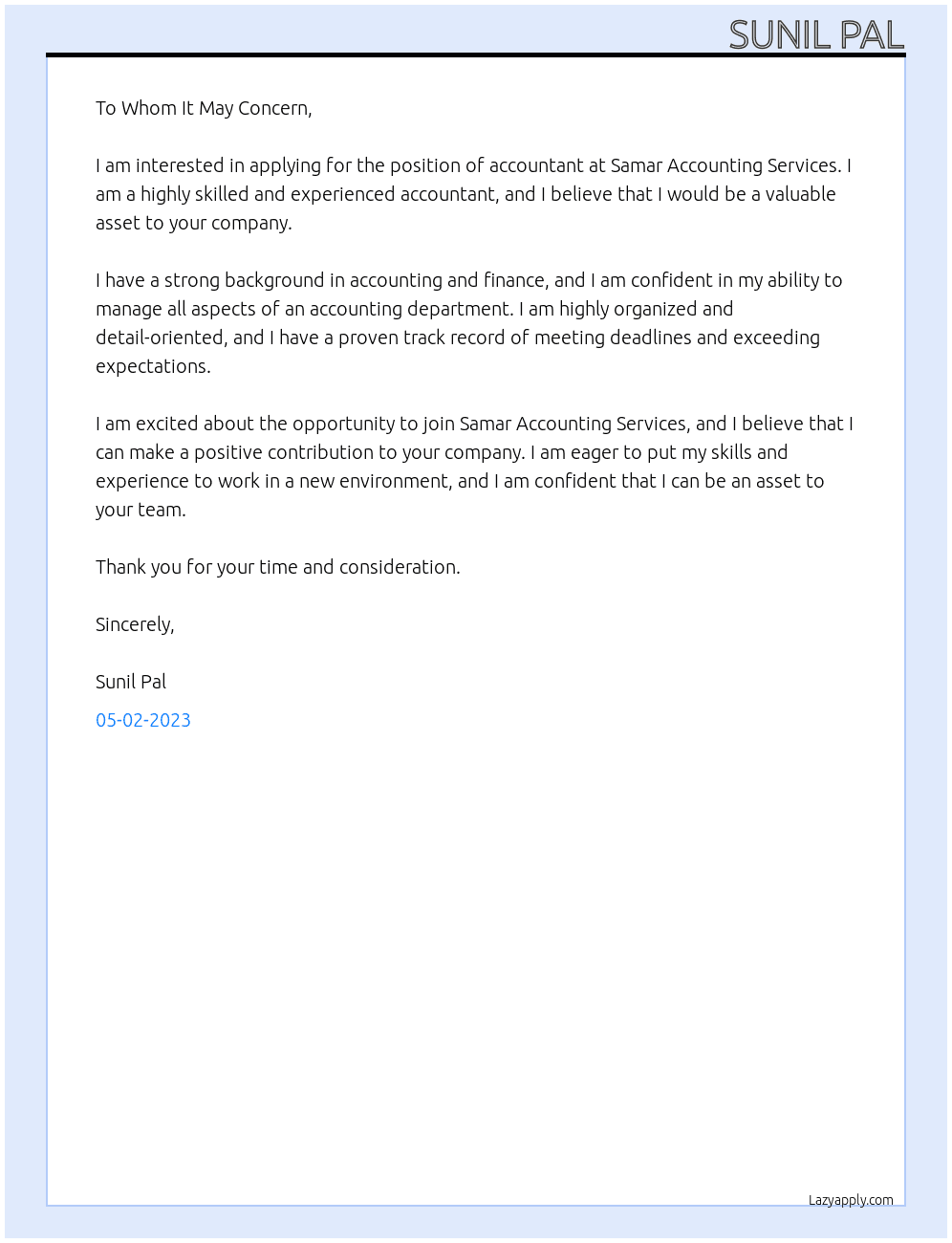 Accountant At Samar Accounting services Cover Letter