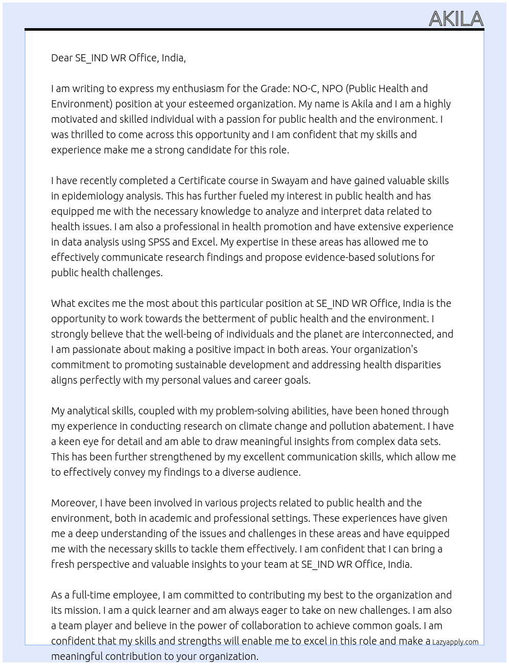 Grade: NO-C,NPO (Public Health and Environment) - (2404766) At SE_IND WR Office, India Cover Letter