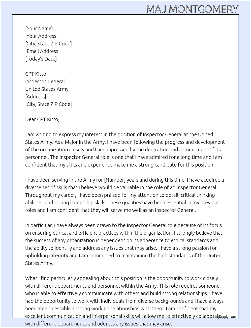 inspector general At United States Army Cover Letter